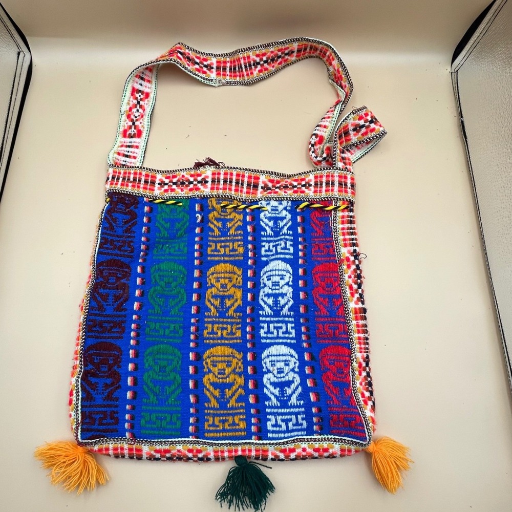 Handwoven Peruvian Crossbody Bag Blue Boho Tribal Tassel Shoulder Bag